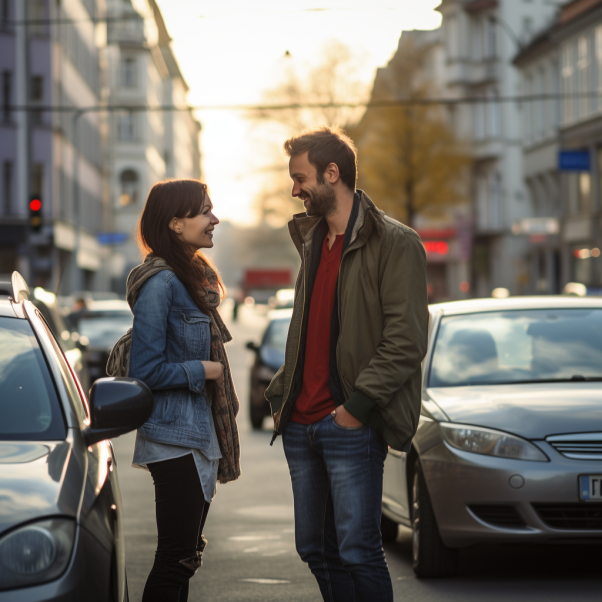 two people talking in front of an auto