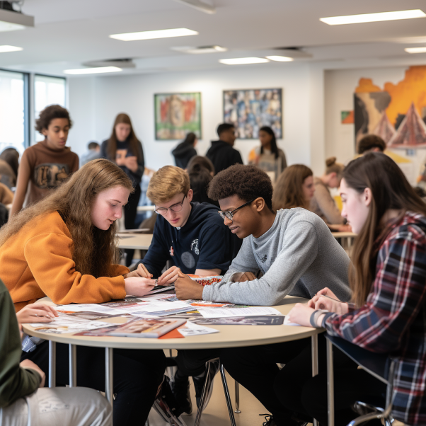 students sitting at the round table