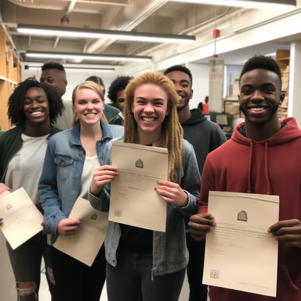 students holding sertificates and smiling