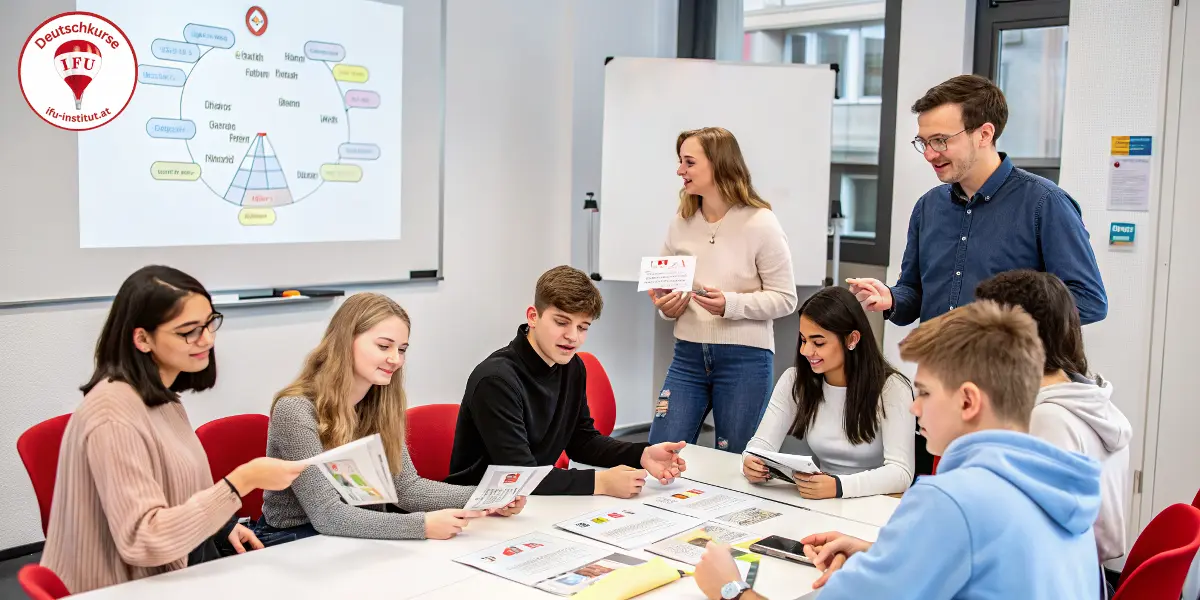Junge Erwachsene lernen Deutsch im modernen Klassenraum in Wien – interaktiver Intensivkurs mit Lehrerin und Gruppenarbeit