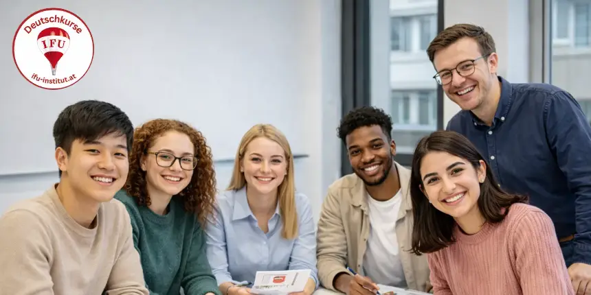 Junge Erwachsene lernen Deutsch im modernen Klassenraum in Wien – interaktiver Intensivkurs mit Lehrerin und Gruppenarbeit