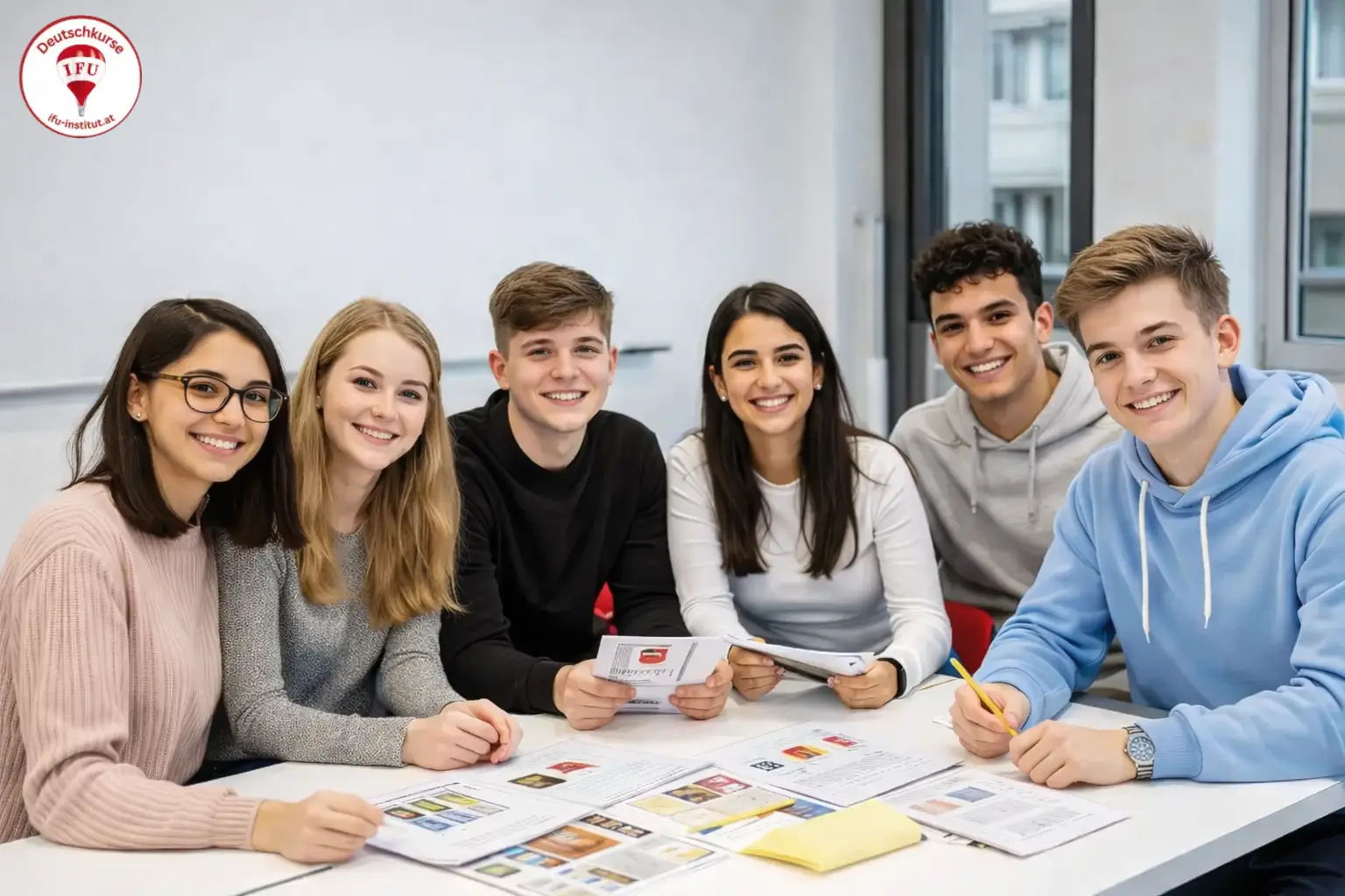 Junge Erwachsene lernen Deutsch im modernen Klassenraum in Wien – interaktiver Intensivkurs mit Lehrerin und Gruppenarbeit