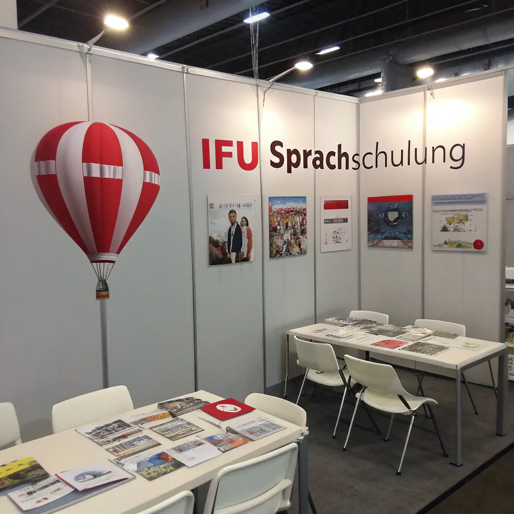 Ausstellungsstand der IFU Sprachschulung mit rotem Heißluftballon, Informationsmaterialien und Plakaten. Der Stand zeigt die IFU-Sprachschule und deren Angebote auf einer Messe.