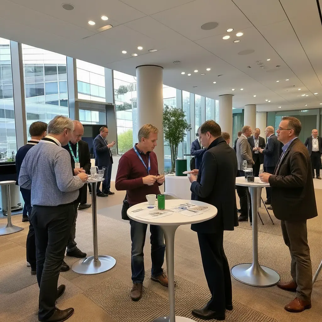 Professionelle Konferenz mit Teilnehmern, die in Gespräche vertieft sind. Gruppen von Personen stehen an hohen Tischen, tauschen Visitenkarten aus und diskutieren in einem modernen, hellen Konferenzraum mit großen Fenstern.