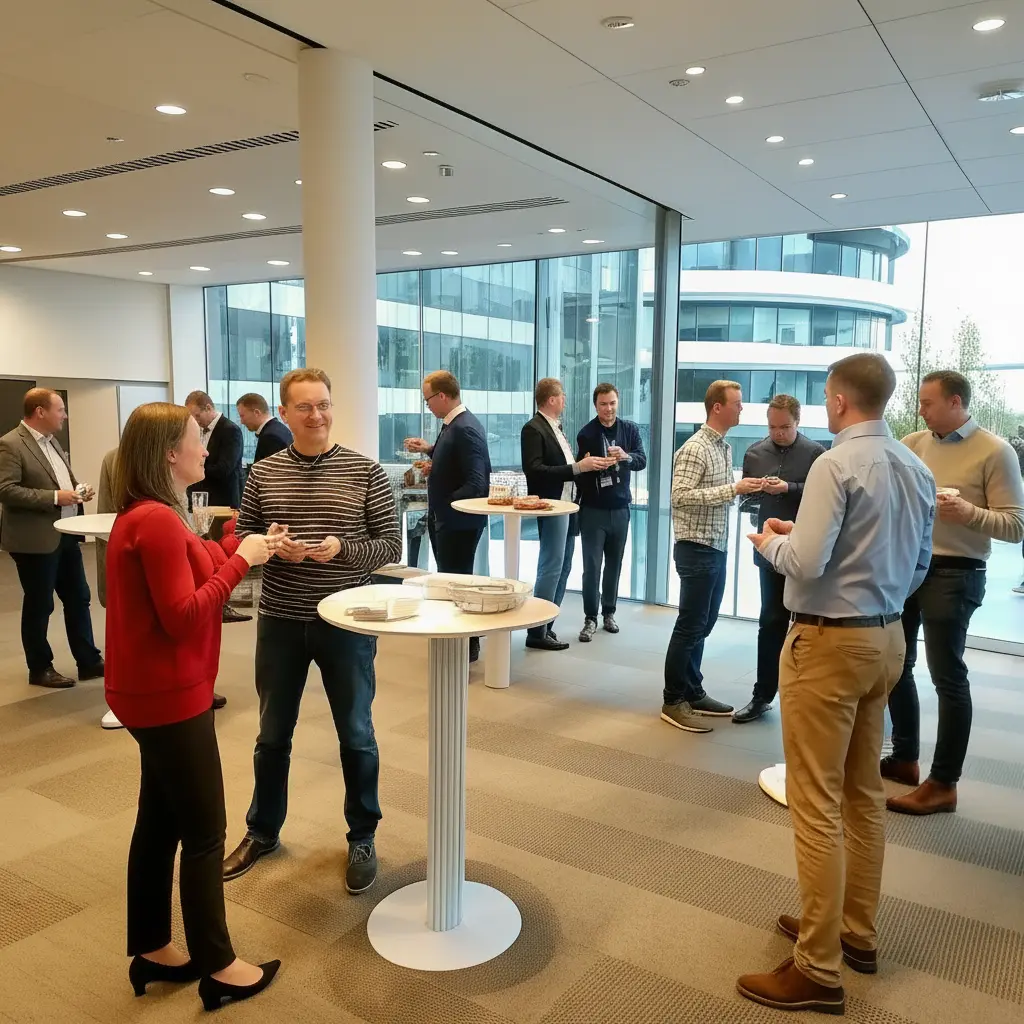 Participants at a professional conference engaging in discussions. Several groups of people stand around high tables, chatting and exchanging business cards in a modern conference space with large windows and a bright atmosphere.