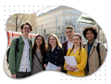 Eine Gruppe von sechs jungen Erwachsenen steht in Wien vor einem Tramposten, alle lächeln freundlich. Sie tragen moderne Frühlingskleidung und halten Ordner oder Notizblöcke, bereit für ihren Deutschkurs.