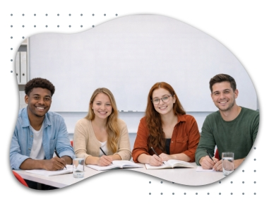 Vier junge Erwachsene sitzen an einem Tisch in einem modernen Klassenzimmer und schreiben in ihren Notizbüchern. Sie blicken freundlich lächelnd in die Kamera, während sie an ihren Deutschlernaufgaben arbeiten.