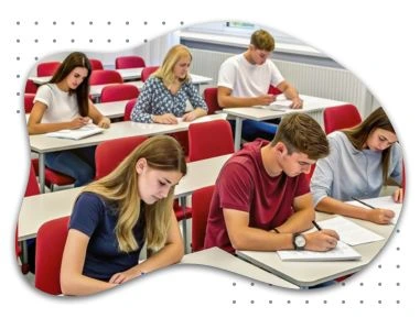 Junge Erwachsene schreiben aufmerksam und konzentriert während des Deutschunterrichts in einem modernen Klassenraum in Wien