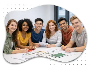 Eine Gruppe von sechs jungen Erwachsenen steht in Wien vor einem Tramposten, alle lächeln freundlich. Sie tragen moderne Frühlingskleidung und halten Ordner oder Notizblöcke, bereit für ihren Deutschkurs.