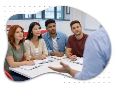  Kleingruppe junger Erwachsener lernt Deutsch in Wien – konzentrierte Schreibübung im modernen Klassenraum