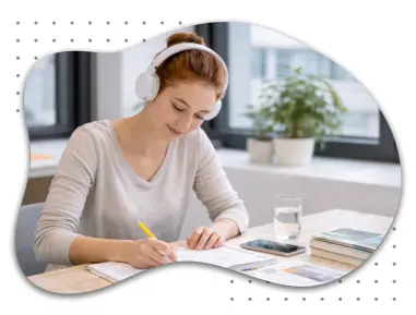  Kleingruppe junger Erwachsener lernt Deutsch in Wien – konzentrierte Schreibübung im modernen Klassenraum