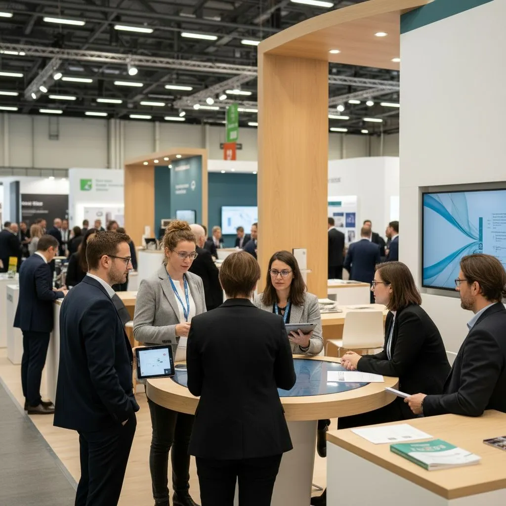 Menschen führen professionelle Gespräche an einem Messestand. Eine Gruppe von fünf Personen, darunter Männer und Frauen in Businesskleidung, bespricht gemeinsam auf einem interaktiven Tisch während einer Messe.